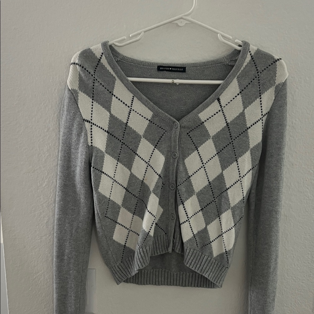 Brandy Melville Gray and Cream Argyle Cardigan